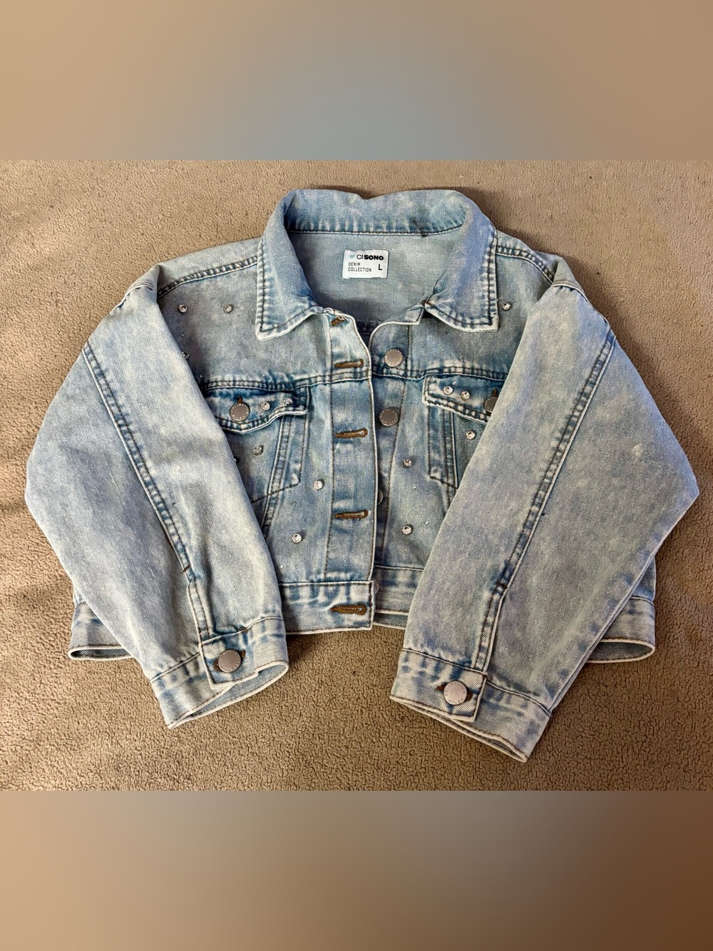 Ci Sono Light Wash Cropped Denim Jacket with Stud Accents